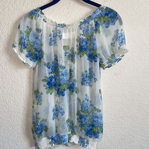 Abercrombie & Fitch Sheer Fairy Blue Flower Floral Ruffles whimsical S 90s top - Picture 7 of 8
